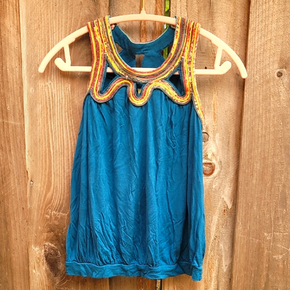 Anthropologie Teal Blue Sleeveless Tank Top with Colorful Trim Size XS